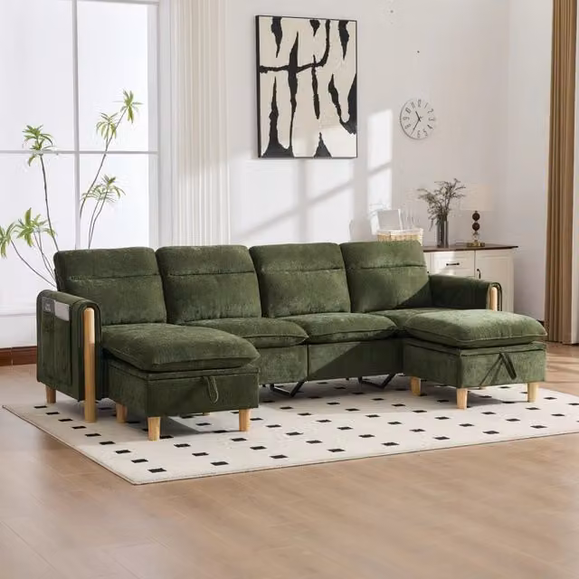 Divano panoramico a U modulare con contenitori e tasche laterali in chenille verde per famiglia 261 × 77 × 86 cm