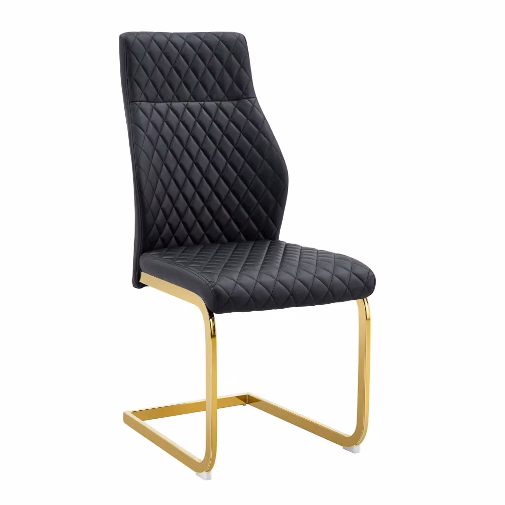 Sedia da pranzo Zephmum con motivo geometrico a losanghe nere, schienale alto in ecopelle e telaio metallico dorato lucido – 2