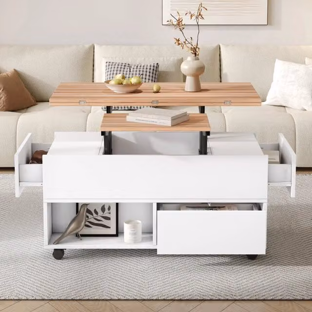 Tavolino da salotto WISHDOR sollevabile con ruote, 4 cassetti e 2 vani aperti, bianco e effetto legno, L 100 x P 50 x H 52 cm – 1