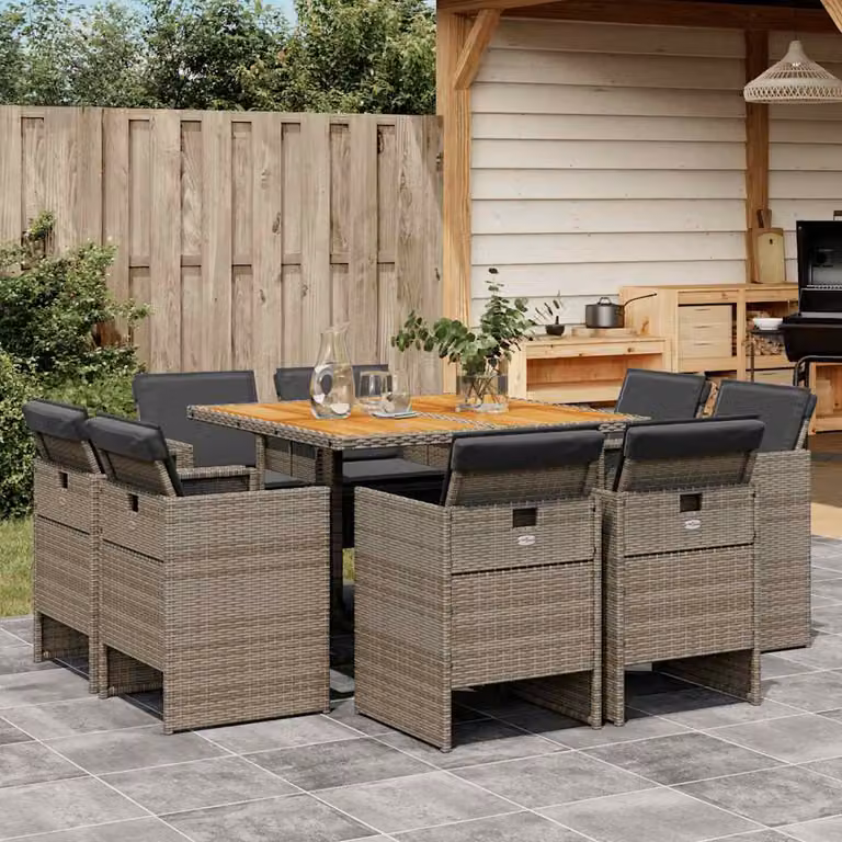 Set da Pranzo da Giardino vidaXL in Polyrattan e Legno di Acacia con 9 Pezzi, Grigio e Marrone