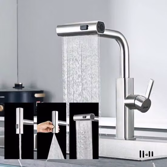 Keukenkraan ad alta pressione con sbriciolatore estensibile, sbriciolatore estensibile, miscelatore rubinetto vasca, rubinetto cucina 360° girevole, 3 sbriciolatori, acciaio inossidabile