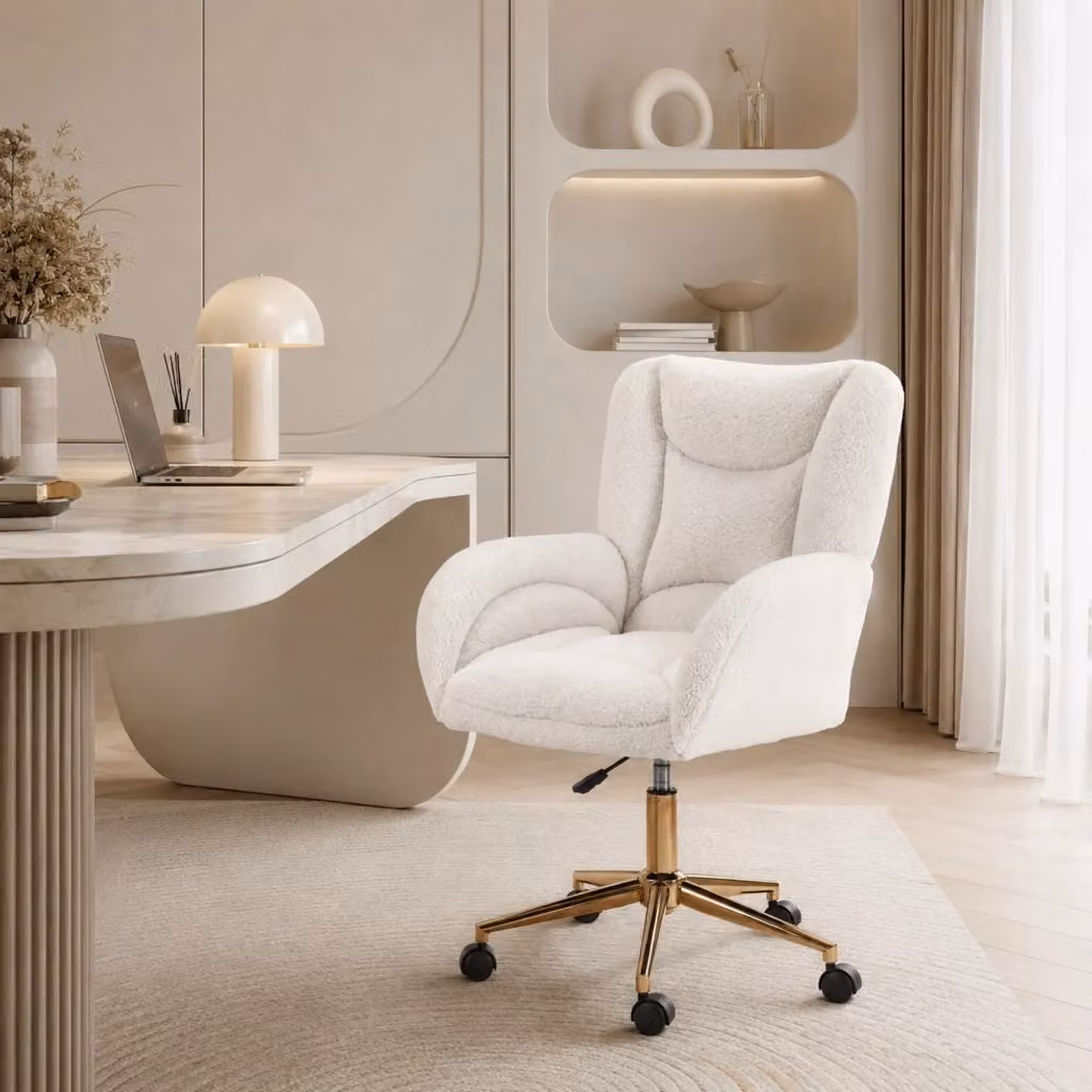 Sedia da ufficio girevole ergonomica in tessuto bouclé bianco con dettagli oro, L: 64 cm, P: 62 cm, H: 92.5 cm – 2