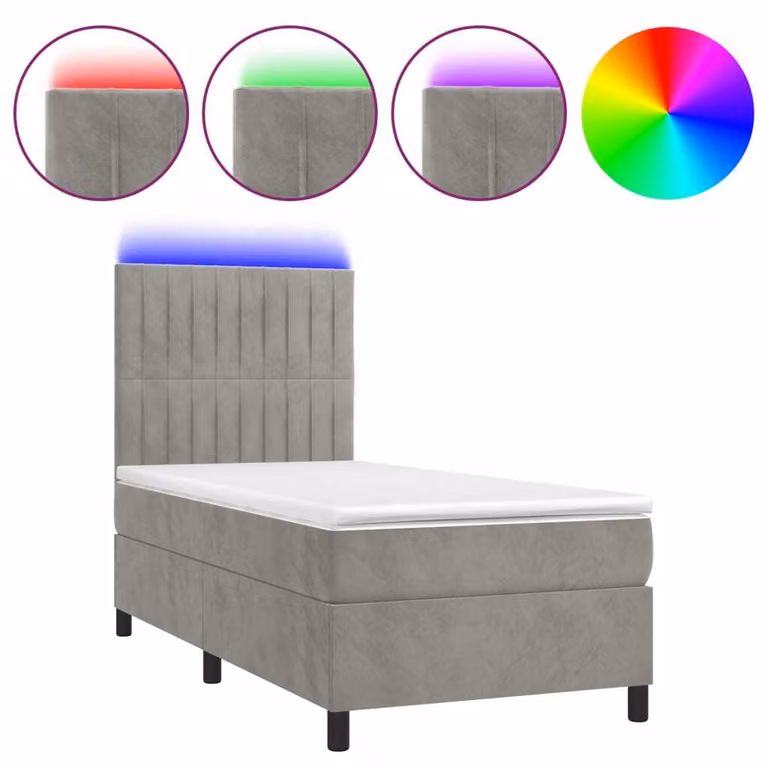 Letto a Molle Materasso e LED Grigio Chiaro 100x200 cm Velluto