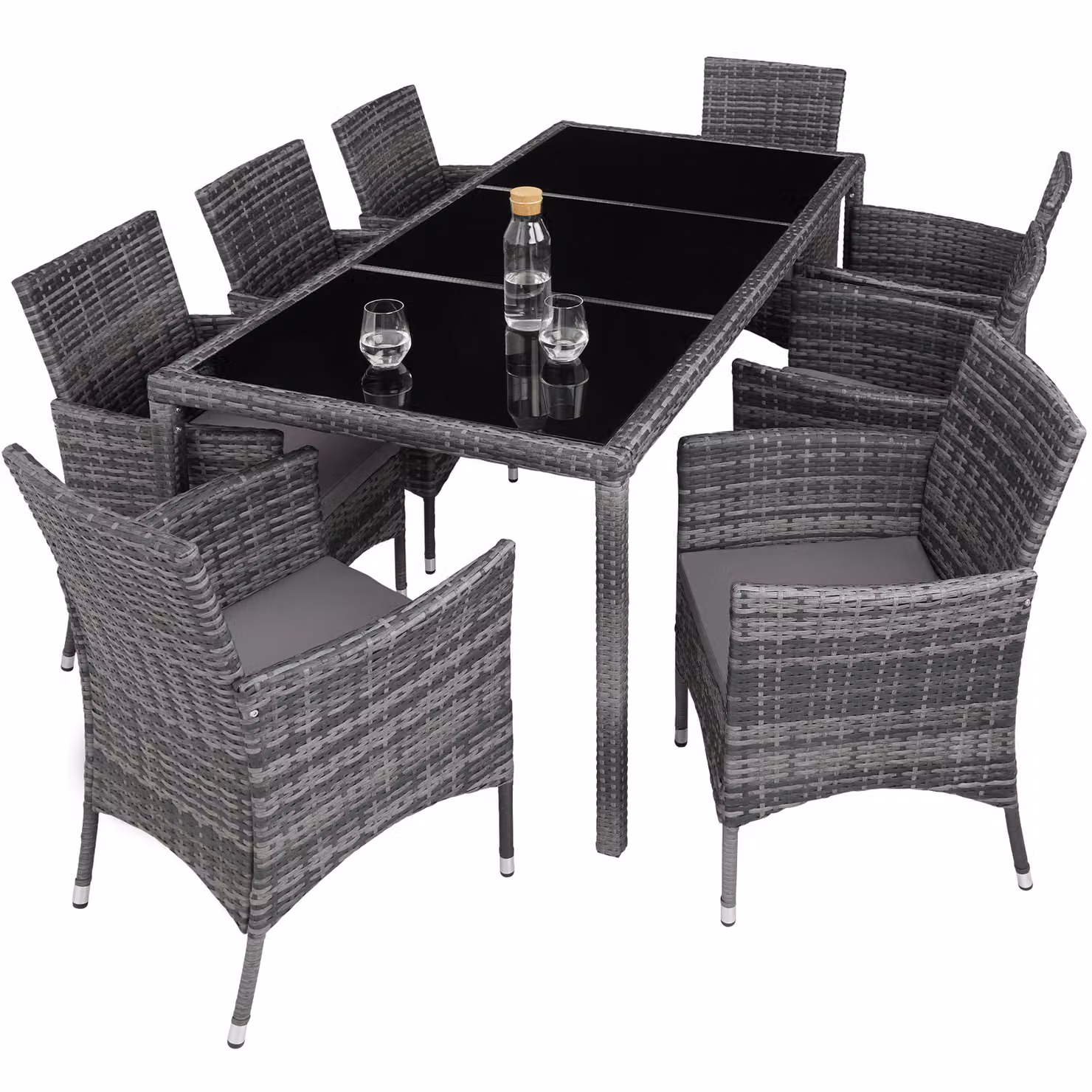 Set da giardino moderno TecTake in polyrattan e metallo con tavolo in vetro, colore grigio