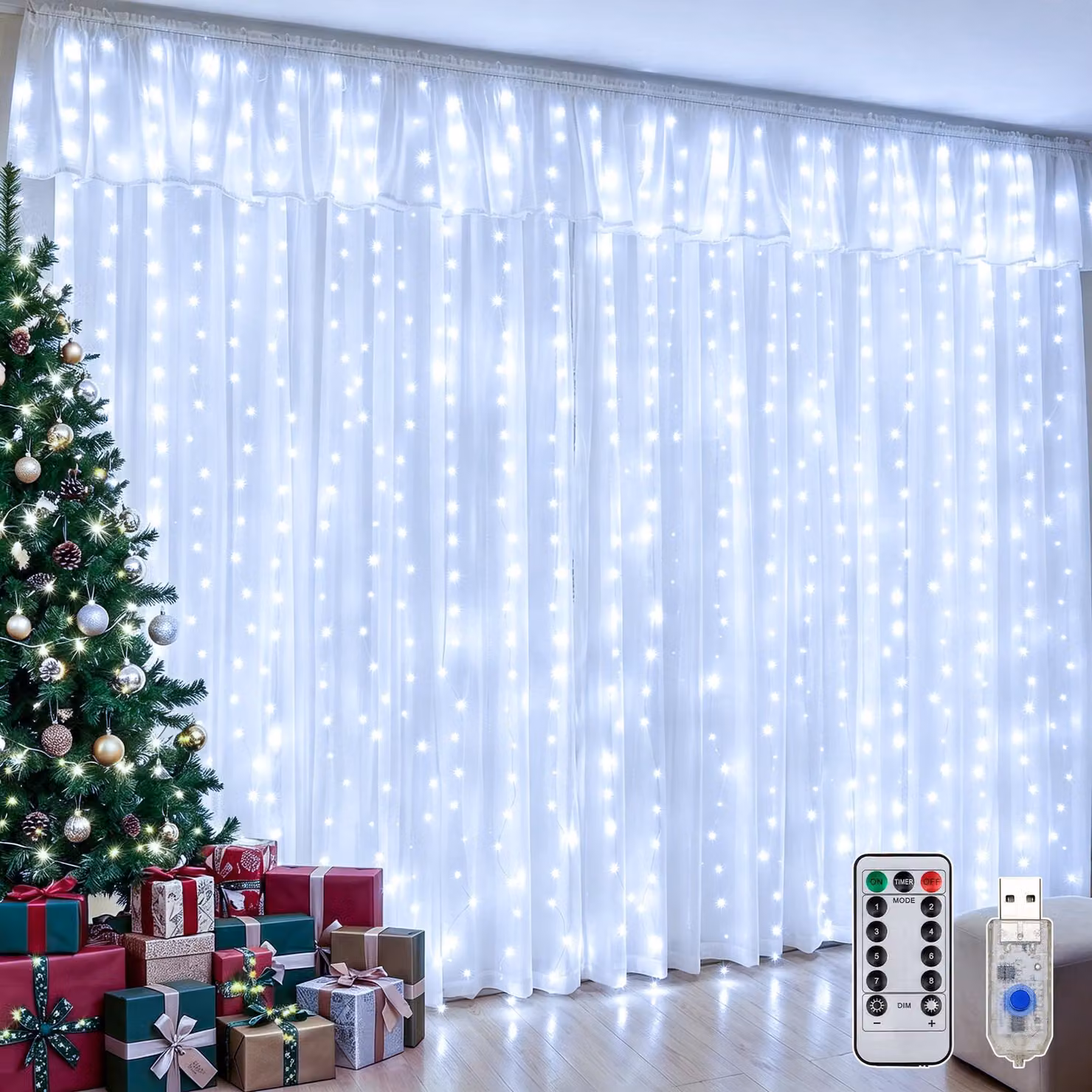 Pannello luminoso a LED, 200 LED, dimensioni 3 x 2 metri, luce bianca fredda, alimentazione USB, con 8 modalità