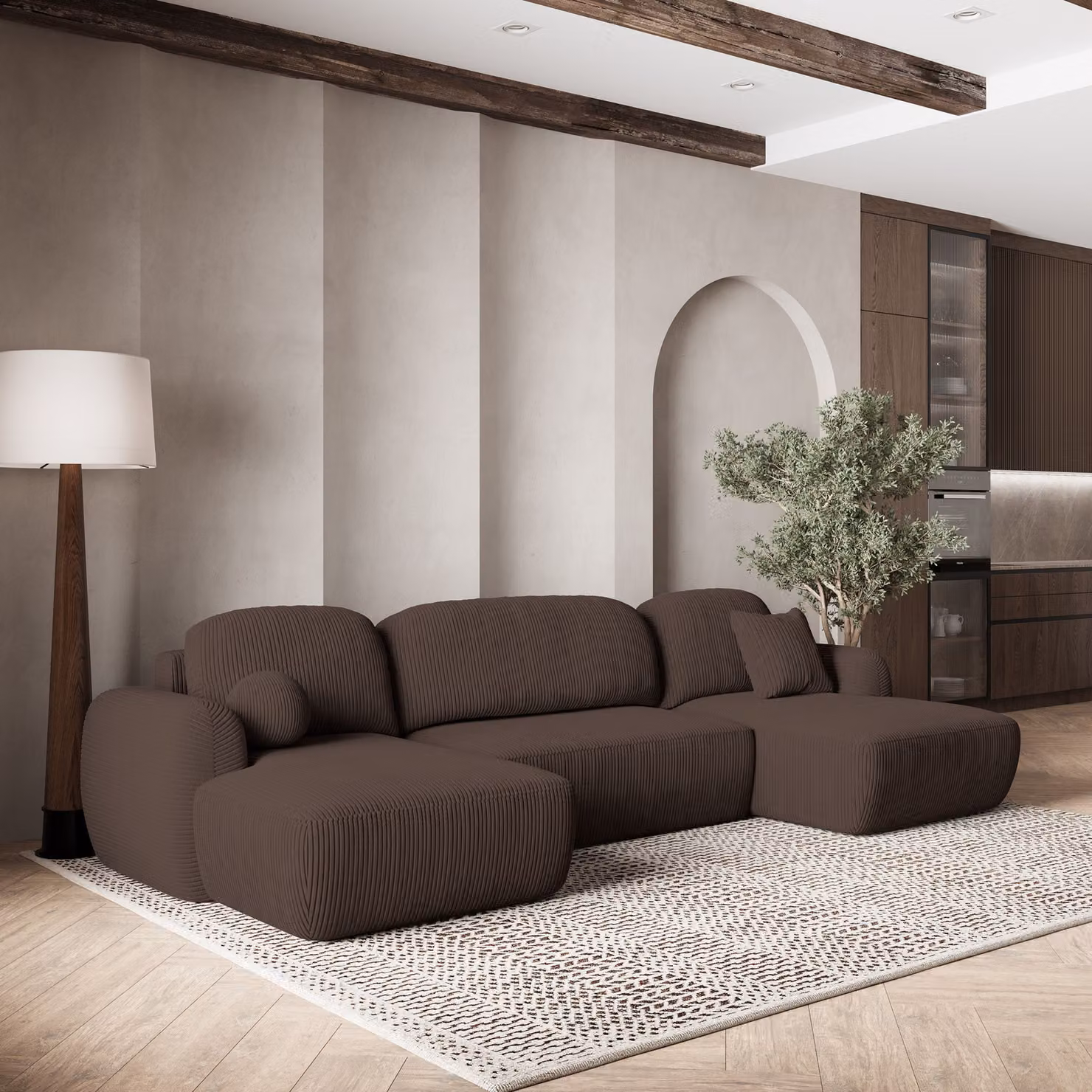 Divano angolare SAVONA P di Masseno con funzione letto a U, divano con box letto, divano da soggiorno, divano, divano letto, set di divani - marrone, POSO 06