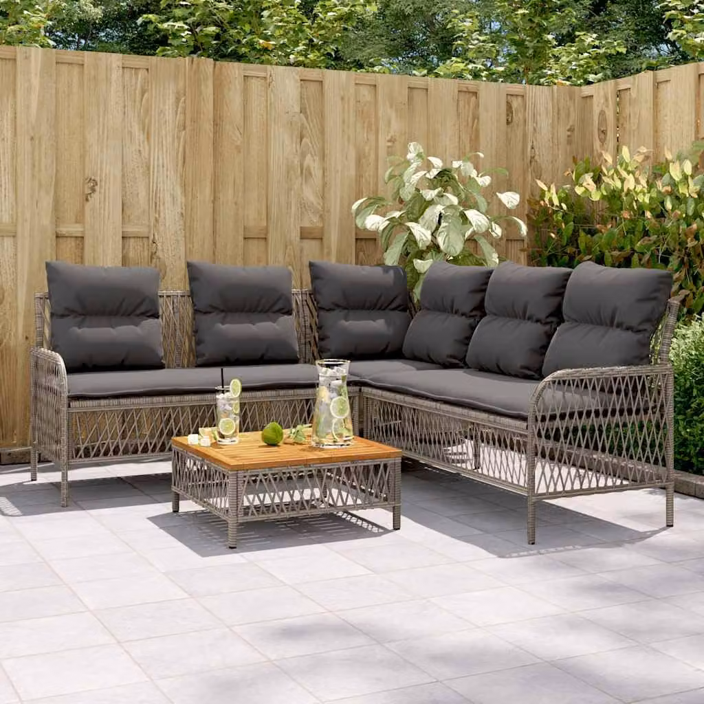 Set Divano da Giardino L-Shape vidaXL in Polyrattan Grigio con Cuscini e Tavolino da Esterno