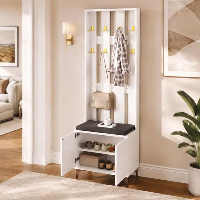 Mobile guardaroba da ingresso ULEVR 60,5x35,2x180,5 cm con anta push-to-open, ripiani regolabili e cuscini grigi