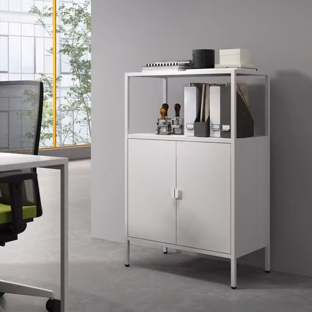 Armadio da ufficio per archivio Hailuoto en.casa in acciaio grigio chiaro con ante a battente e ripiani regolabili L: 110 cm, P: 70 cm, H: 40 cm