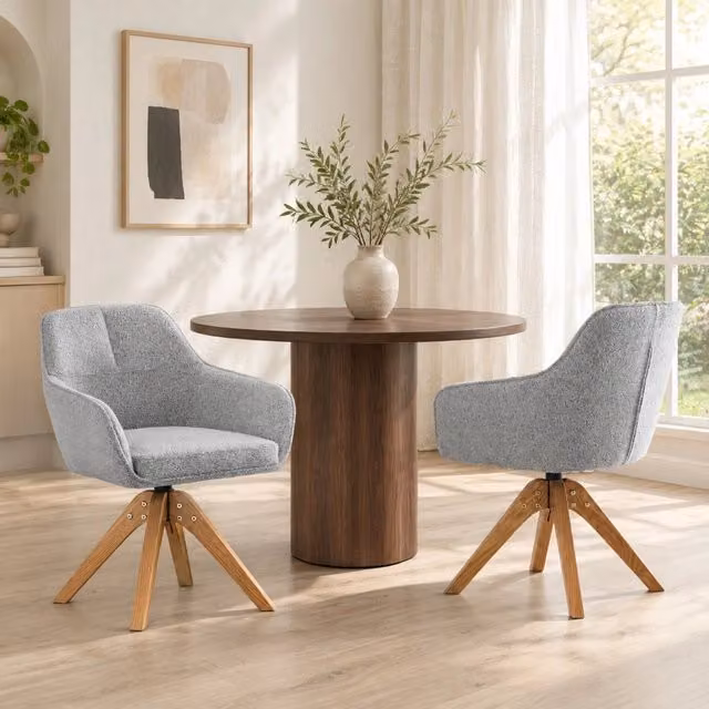 Set 2 sedie da pranzo girevoli 360° in tessuto grigio con gambe in rovere massello HAVRYA