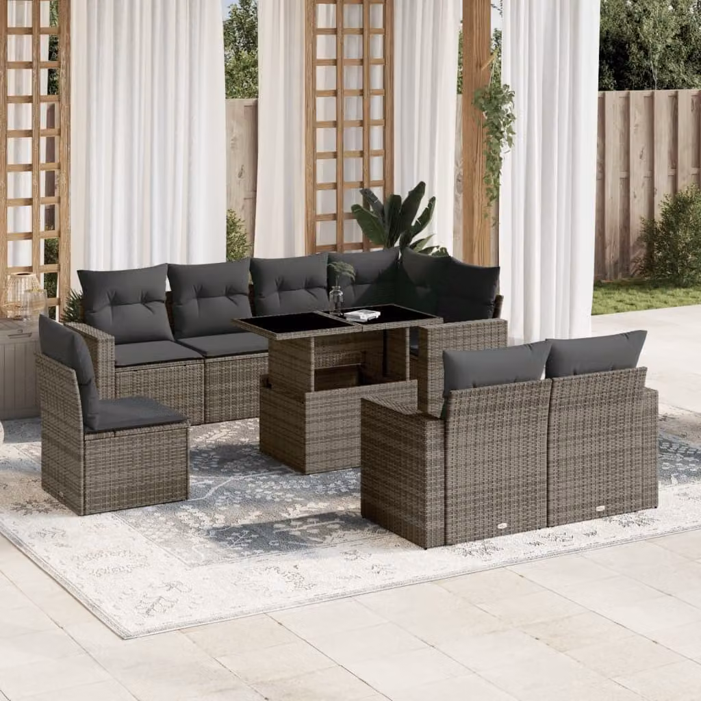 vidaXL Set Divano da Giardino a L in Polyrattan Grigio con 9 Pezzi e Cuscini – 1