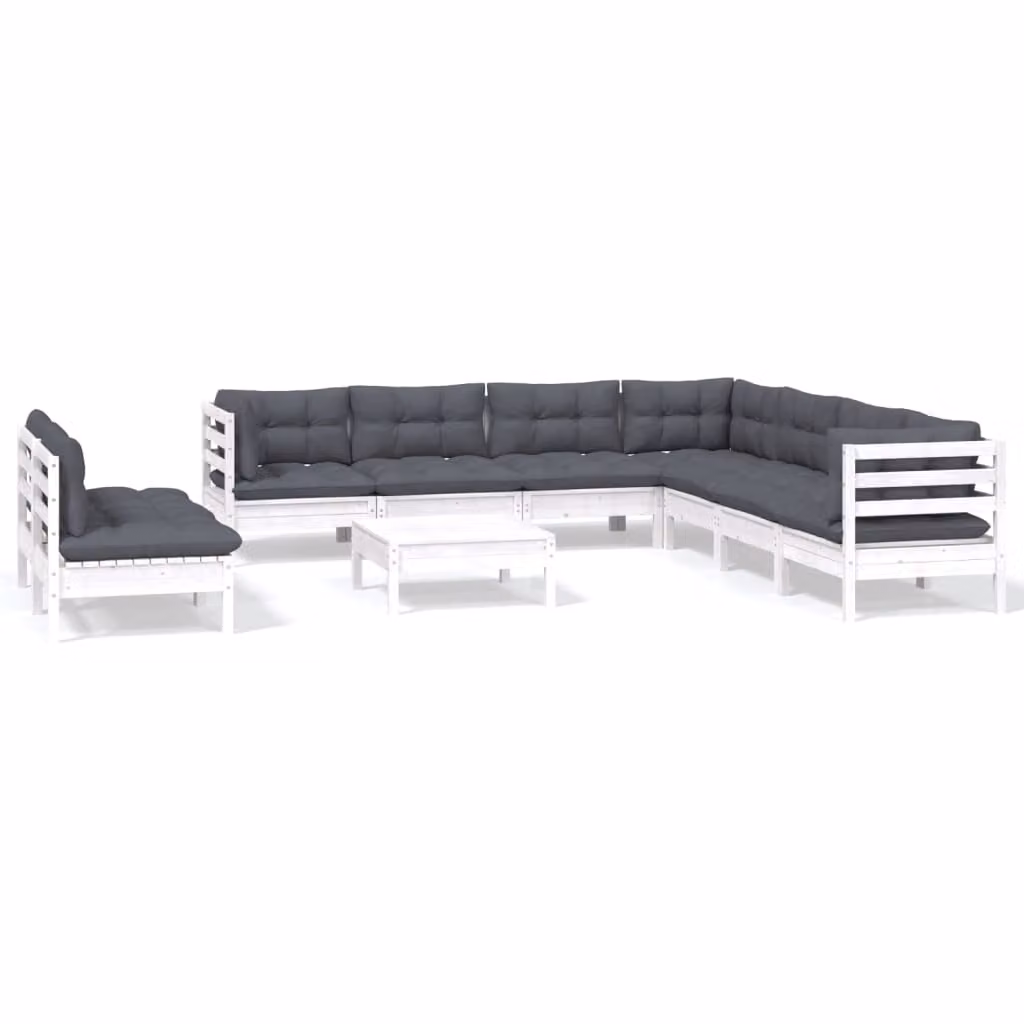 Set Divani da Giardino 10 pz con Cuscini Bianchi Legno di Pino