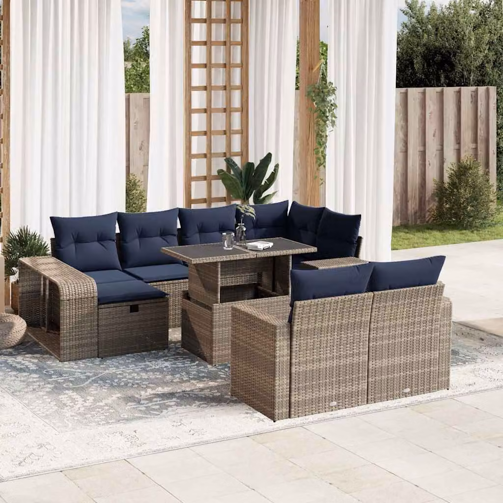 Set di divani da giardino vidaXL 11 pezzi con cuscini grigi e blu in polyrattan e struttura in metallo con tavolino e pouf a forma di U