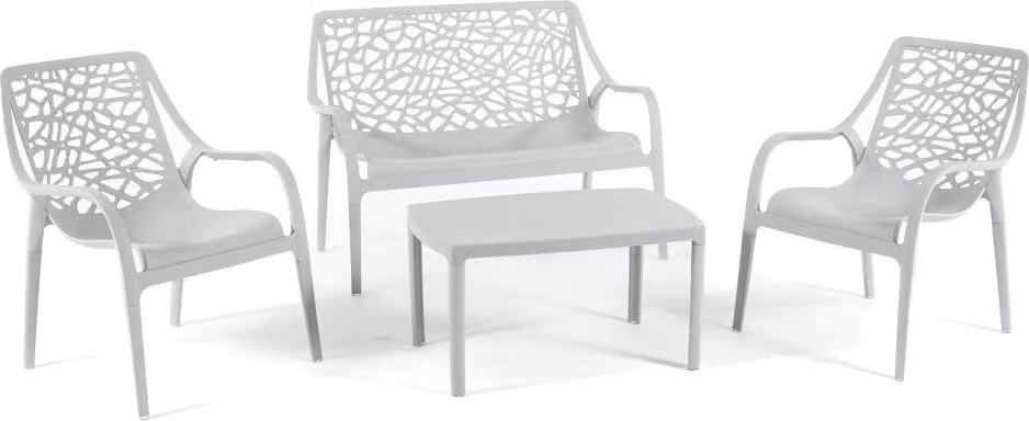 Set da giardino con divanetto a due posti, 2 poltrone e tavolo in resina rinforzata con fibra di vetro – design moderno, robusto e impermeabile, ideale per giardino, terrazza e veranda – MARATEA – Grigio chiaro