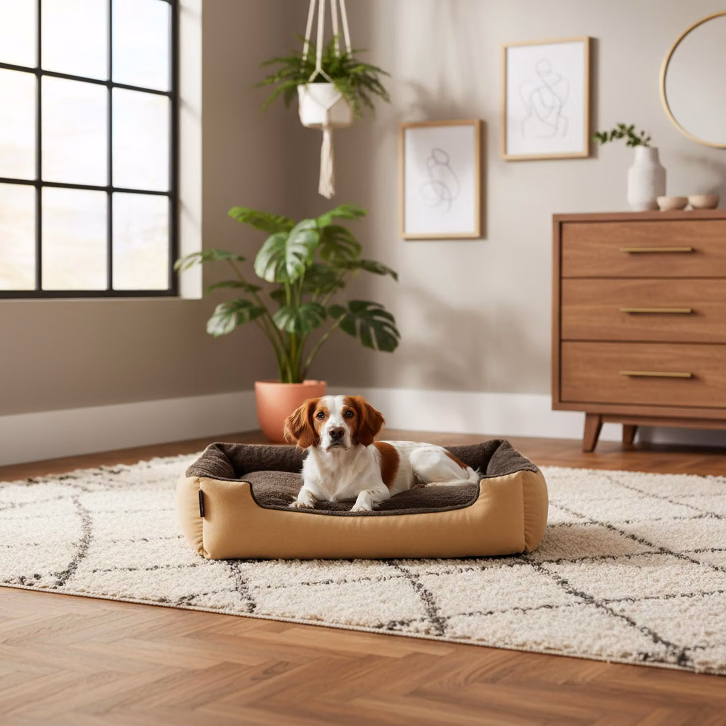 belviona, cuccia per cani con cuscino reversibile, facile da curare e antiscivolo, luogo accogliente per dormire, 75x60 cm, beige/marrone