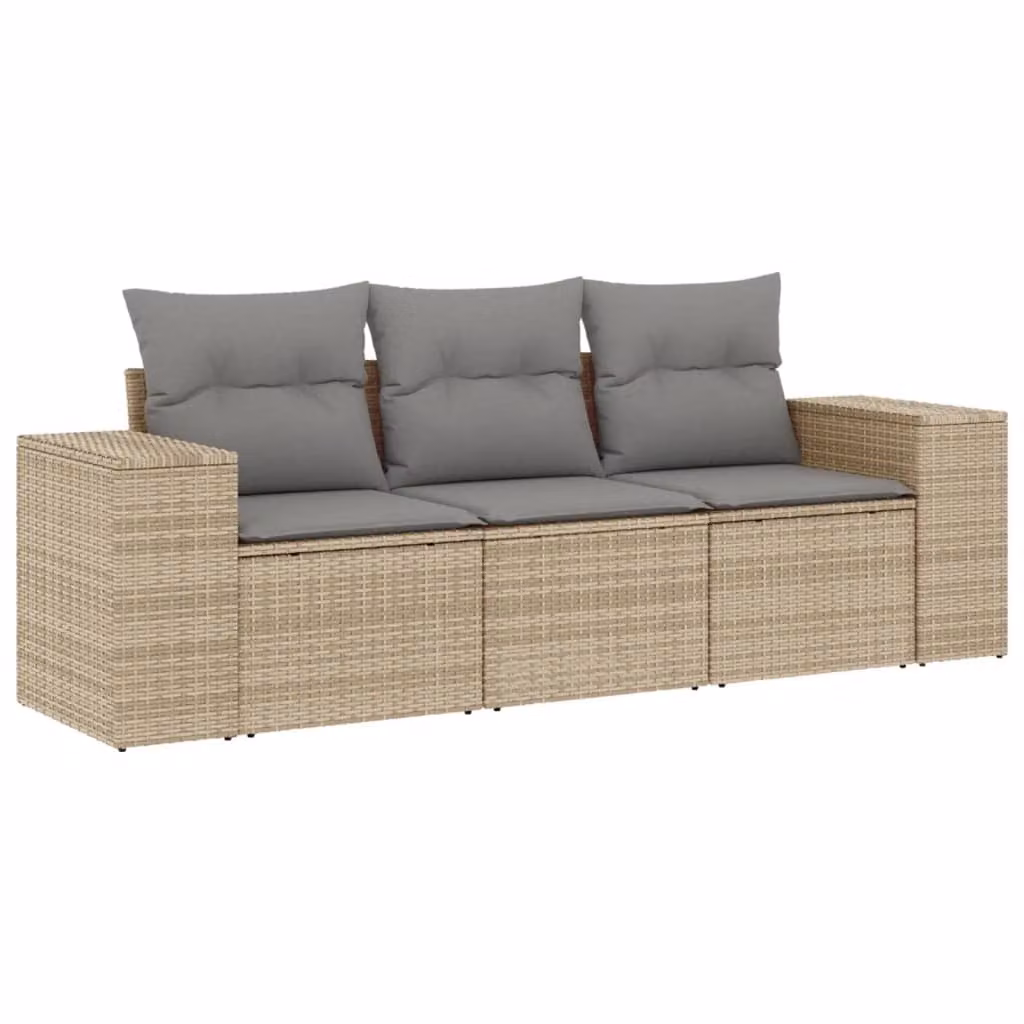 Set Divano da Giardino 3 pz con Cuscini Beige in Polyrattan