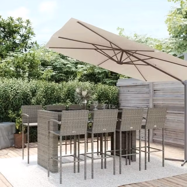 Set da Bar da Giardino vidaXL in Polyrattan Grigio e Nero con Piano in Vetro, 9 Pezzi – 1