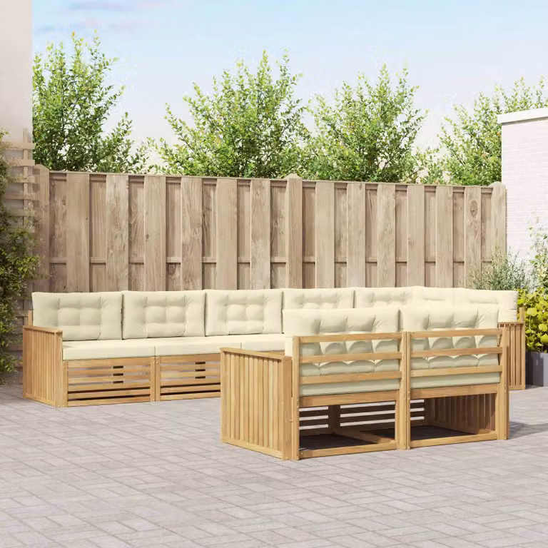 vidaXL Set di divani da esterno a L in legno di acacia con cuscini, Bianco, Beige e Marrone