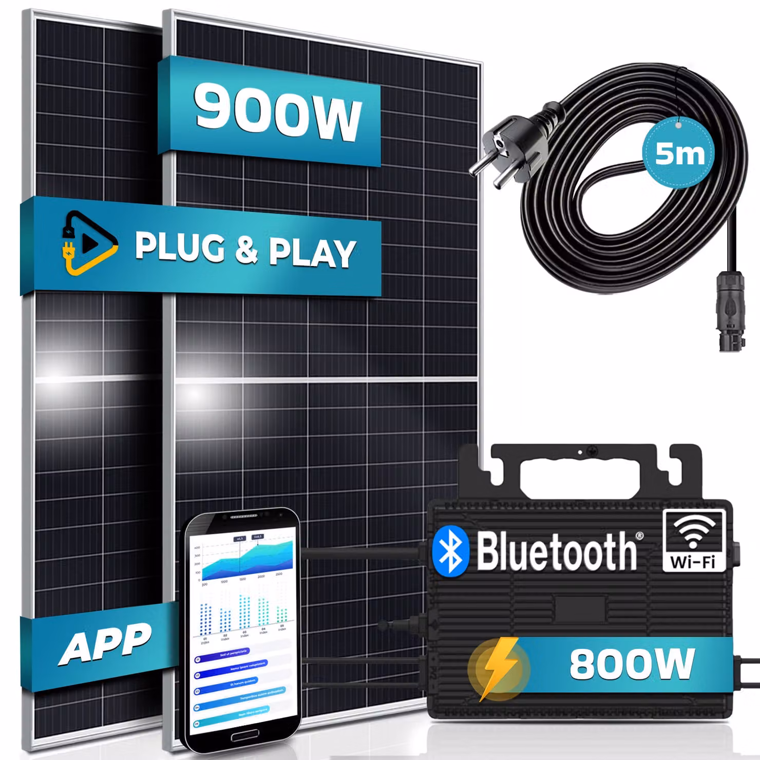 Centrale elettrica da balcone SUNNIVA® 900W presa completa - inverter ASTRO-ENERGY 800W - impianto solare FV, 2x moduli solari 450W, cavo 5m - Bluetooth WIFI
