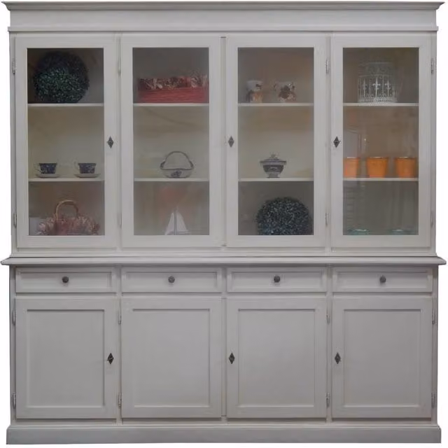 Cristalliera classica in legno shabby chic bianco anticato con ante in vetro Mobili 2G H: 205 cm, L: 205 cm, P: 42 cm