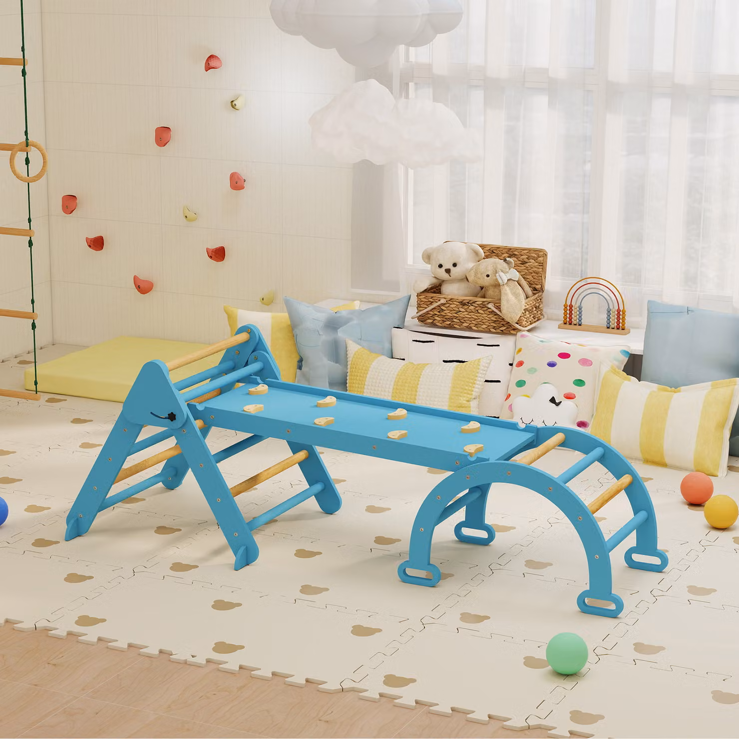 AIYAPLAY Triangolo da Arrampicata Montessori 7 in 1 in Legno Pieghevole con Arco e Rampa per Bambini, Colore Blu, L: 188 cm, P: 70 cm, H: 70 cm – 2