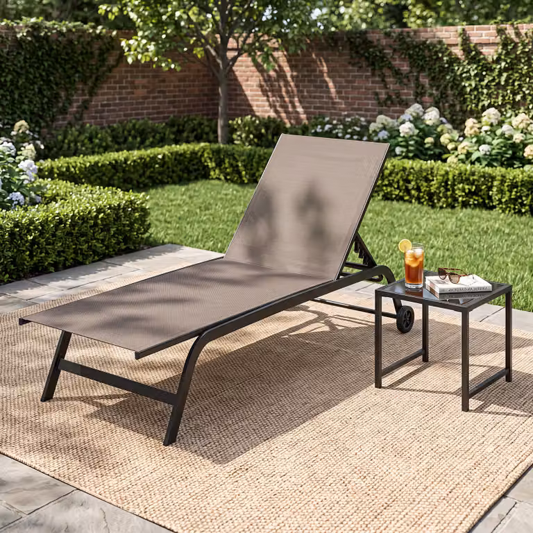 Set di sdraio e tavolino Costway in metallo e vetro con schienale regolabile in 6 posizioni e tavolino quadrato marrone per giardino e balcone