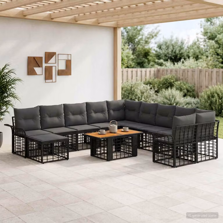 Set Divano da Giardino vidaXL 12 pz a forma a U in Polyrattan con Tavolino, Elementi Angolari e Pouf, Colore Nero e Grigio scuro