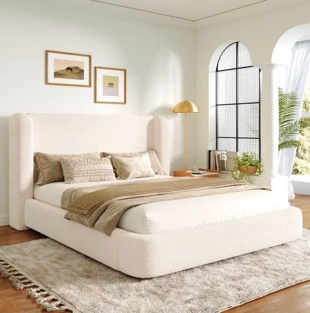 Letto matrimoniale imbottito beige in bouclé con rete a doghe 180 x 200 cm