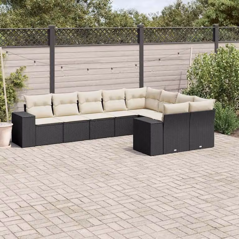 vidaXL Set Divani da Giardino 9 pz in Polyrattan Nero con Cuscini e Coperture Rimovibili
