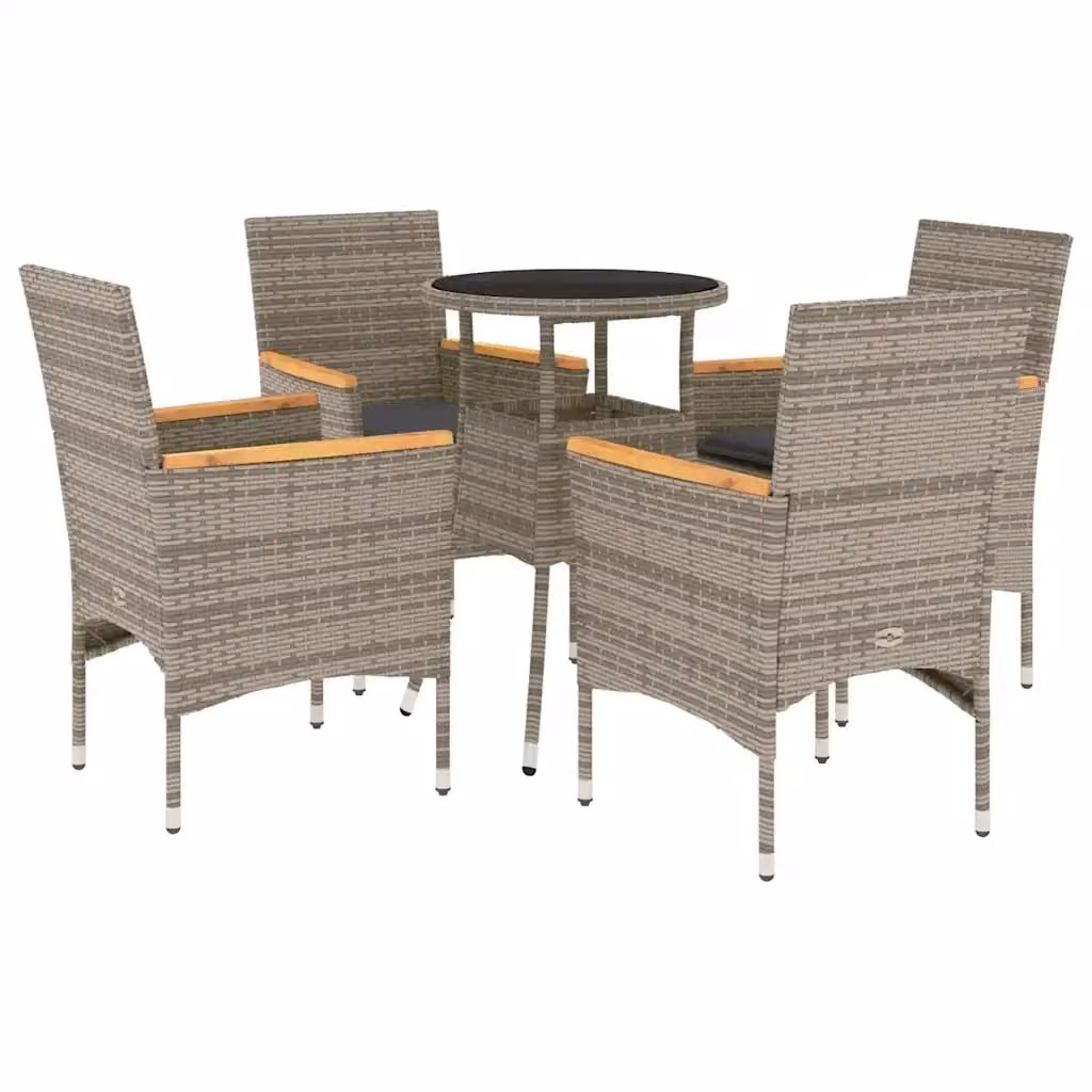 Set da Pranzo da Giardino vidaXL in Polyrattan e Legno di Acacia con Vetro e Cuscini, 5 Pezzi, Grigio – 2