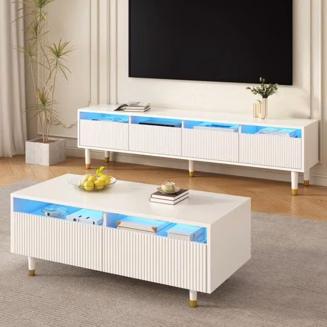 Set mobile TV e tavolino da salotto bianco e oro con LED, ante e cassetti