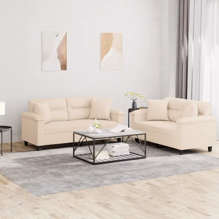 Set di 2 divani vidaXL beige in tessuto microfibra con cuscini e struttura in legno e metallo