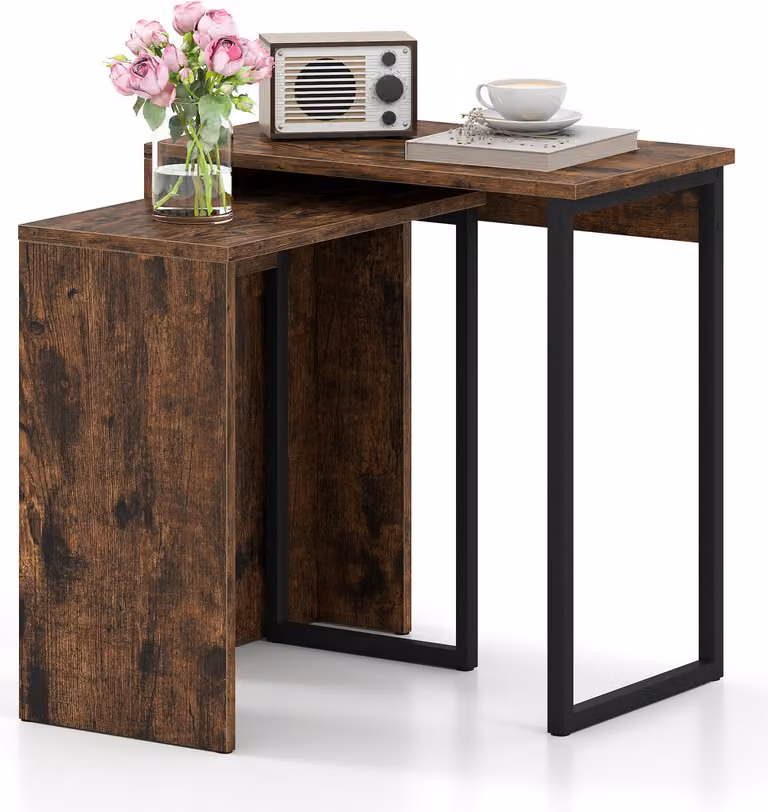 COSTWAY set di 2 tavolini nidificanti Tavolino 2 in 1 in legno sintetico, 2 comodini con robusta struttura in metallo tavolino rettangolare marrone