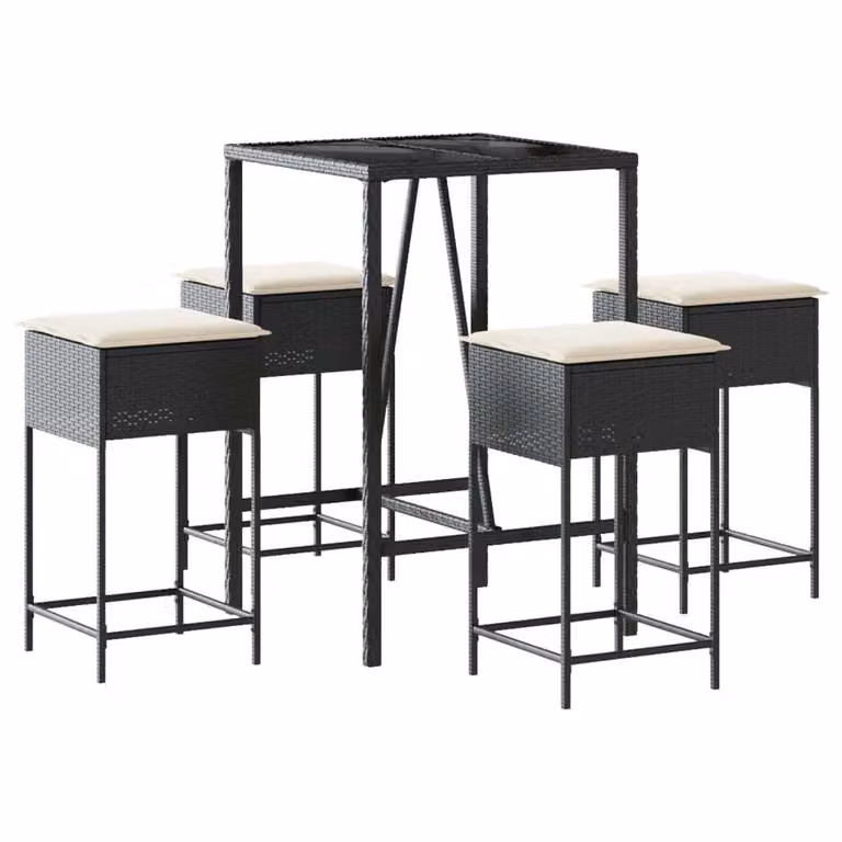 set bar da giardino 5 pezzi con cuscini in polirattan nero