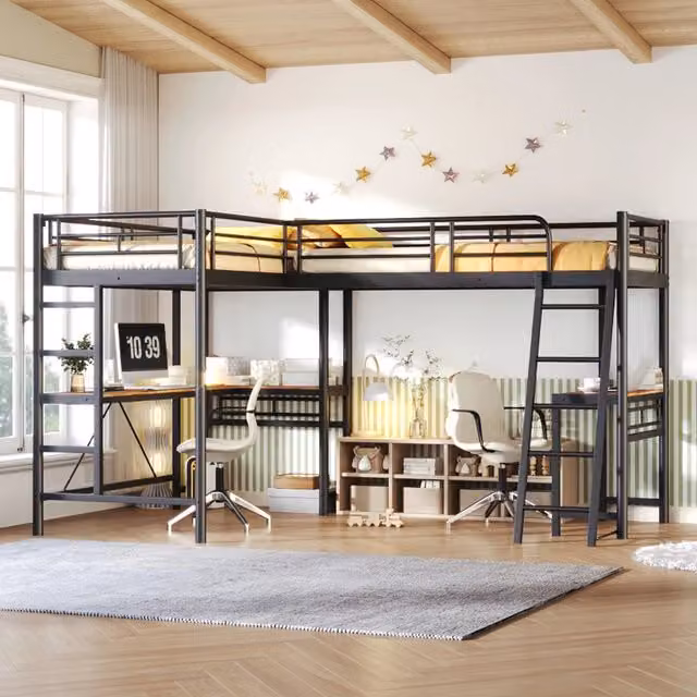 Letto a castello 90 x 200 cm con due letti, tavolo sotto il letto, doppia scala e ringhiera alta, Nero