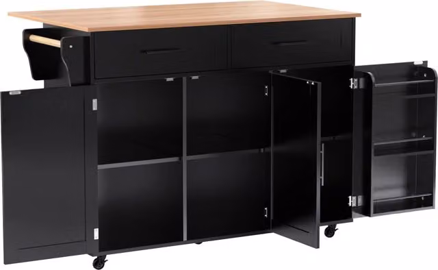 Isola da Cucina Mobile 129x46/71x91,5 cm Nera e Legno con Piano Ribaltabile, 2 Cassetti e 5 Ruote