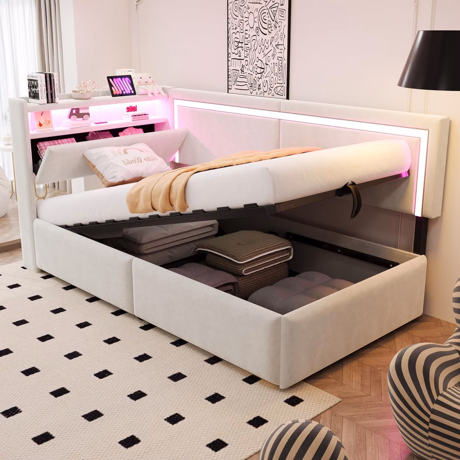 MODFU Divano letto 90x200 Letto imbottito con illuminazione a LED e porte di ricarica USB, letto singolo per bambini con sistema di contenimento sotto il letto, senza materasso, beige