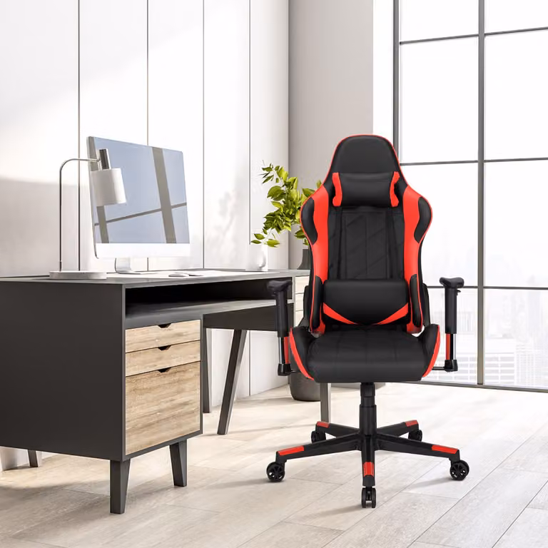 Sedia da gaming ergonomica Costway girevole a 360 con poggiatesta e cuscino lombare, nero e rosso