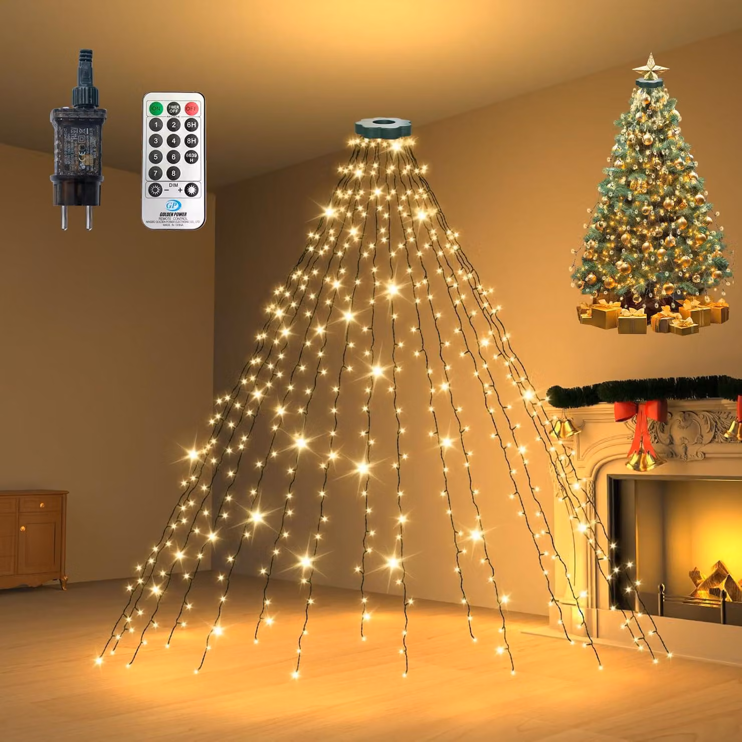 Catena luminosa da 2 metri, con 300 LED, 8 modalità, timer, grado di protezione IP44, adatta per alberi di altezza compresa tra 150 e 240 cm