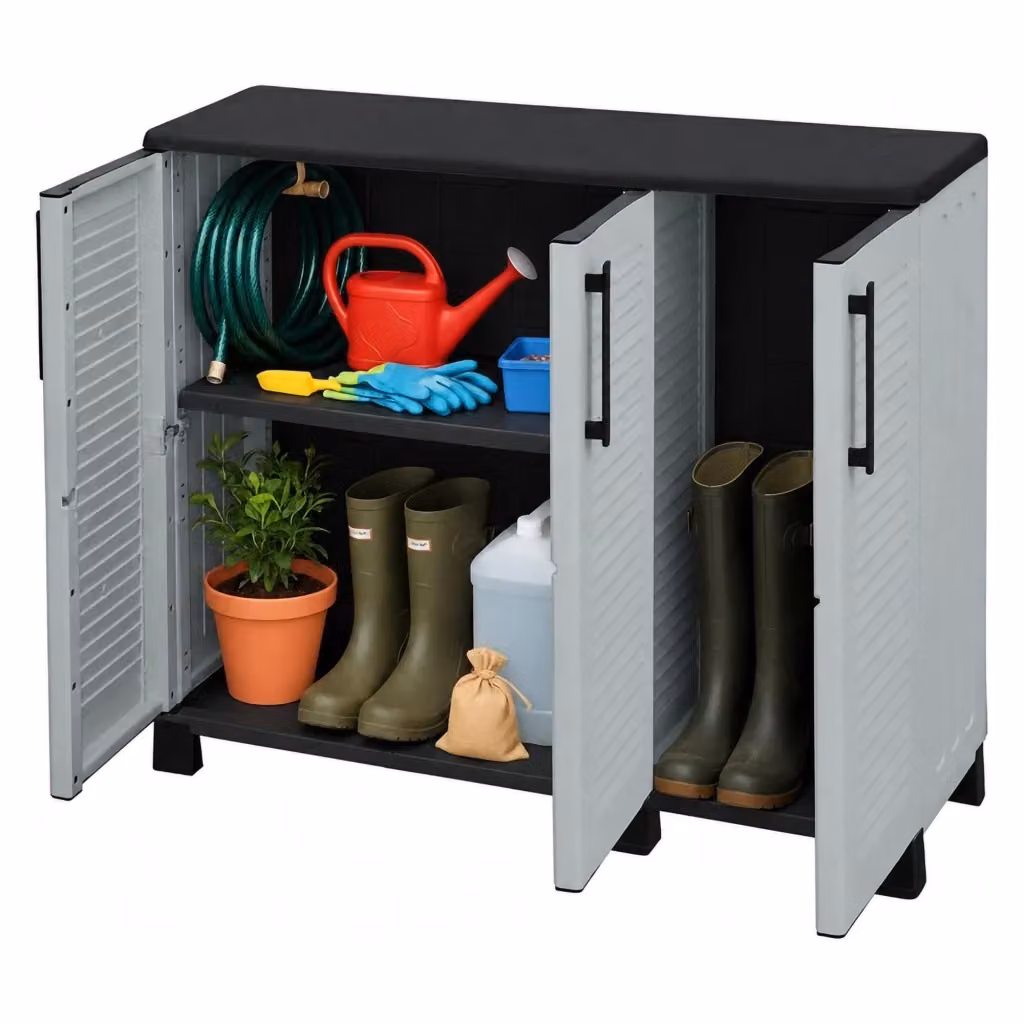 Armadio multiuso da esterno DMORA in polipropilene con 3 ante e 1 ripiano, Grigio, L: 102 cm, P: 37 cm, H: 90 cm – 2