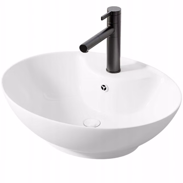 Lavabo da appoggio ovale in Vetroceramica bianca con foro di troppo pieno