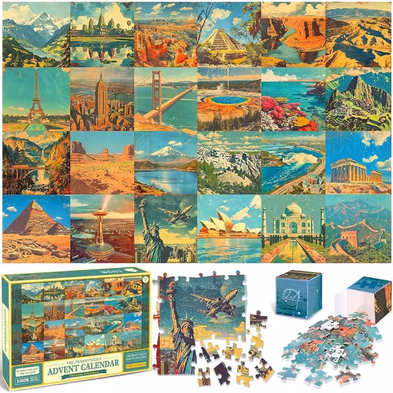 Calendario dell'Avvento 2025 con puzzle, 1008 pezzi, 24 giorni, tema: paesaggi di viaggio