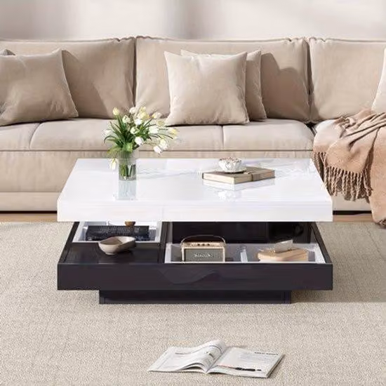 Tavolino girevole per soggiorno – Bianco lucido – Struttura nera – Rotazione a 360° – Spazio di stoccaggio a 2 livelli – Dimensioni 70x70x36 cm