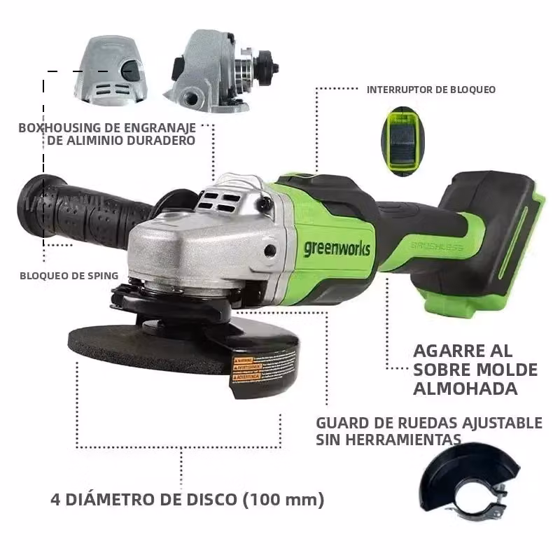 Smerigliatrice angolare senza fili Greenworks AGD403 24V con motore senza spazzole, colore verde, 10500 giri/min – 2