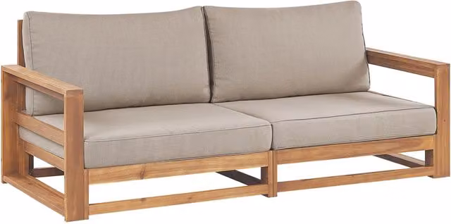 Divano da giardino moderno BELIANI in legno di acacia con cuscini beige e marroni L: 184 cm, P: 75 cm, H: 72 cm