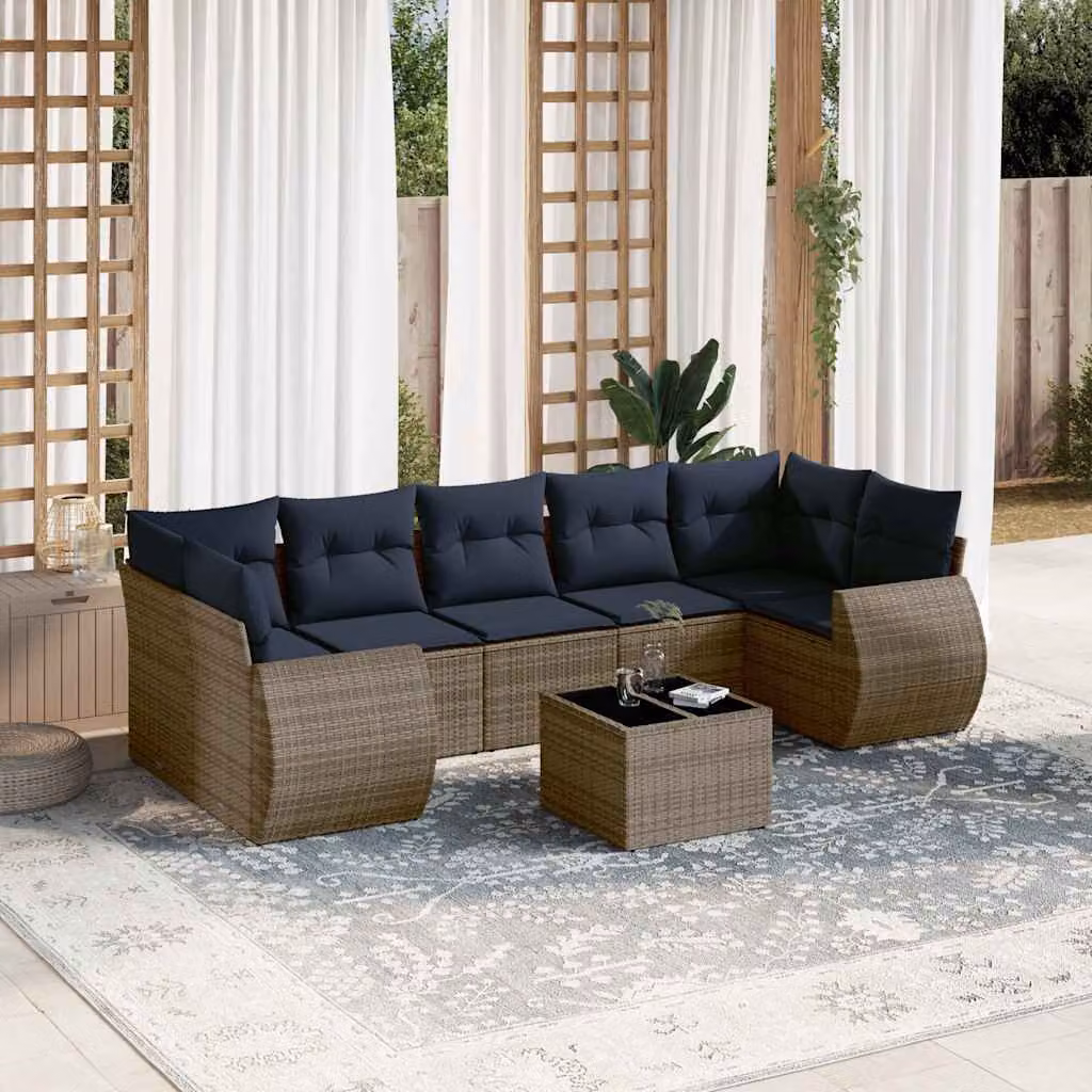 Set da giardino vidaXL in polyrattan grigio composto da 8 pezzi con cuscini e tavolino da caffè