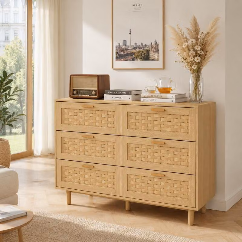 Comò ProximaX a 6 cassetti in rovere, rattan e metallo