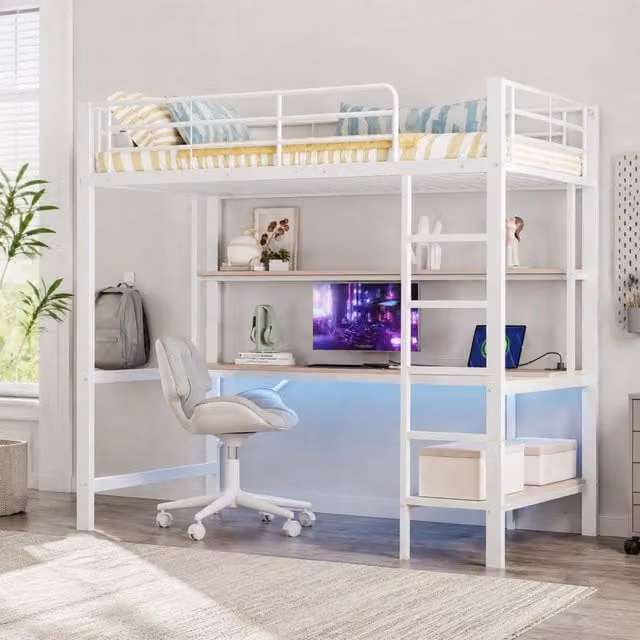 Letto a soppalco 90x200 cm con scrivania, ripiani, LED, USB e presa