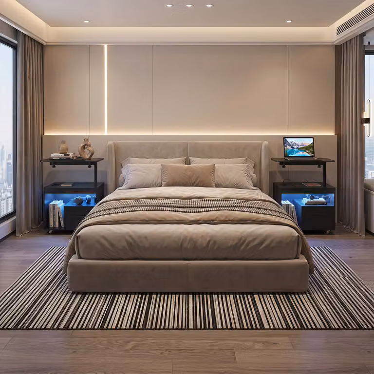 Set di 2 comodini da camera da letto Costway con luci LED regolabili, stazione di ricarica e piano girevole ribaltabile, Nero