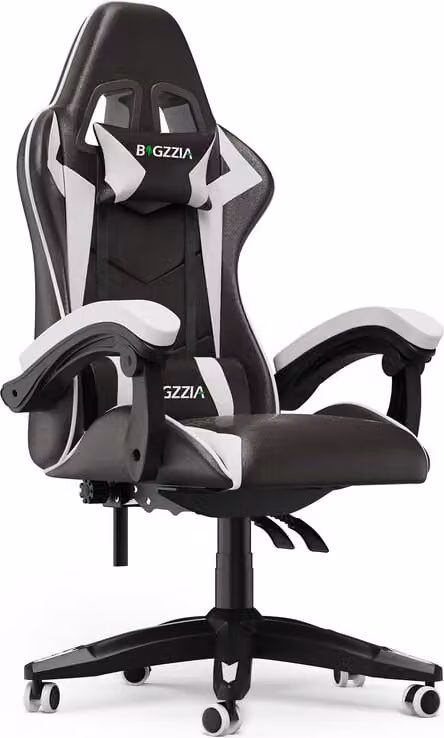 Bigzzia Sedia da gioco ergonomica - Sedie da gioco con cuscino lombare + poggiatesta Sedia da gioco Sedia da ufficio regolabile in altezza Sedia da computer per adulti ragazza ragazzo - Nero e bianco
